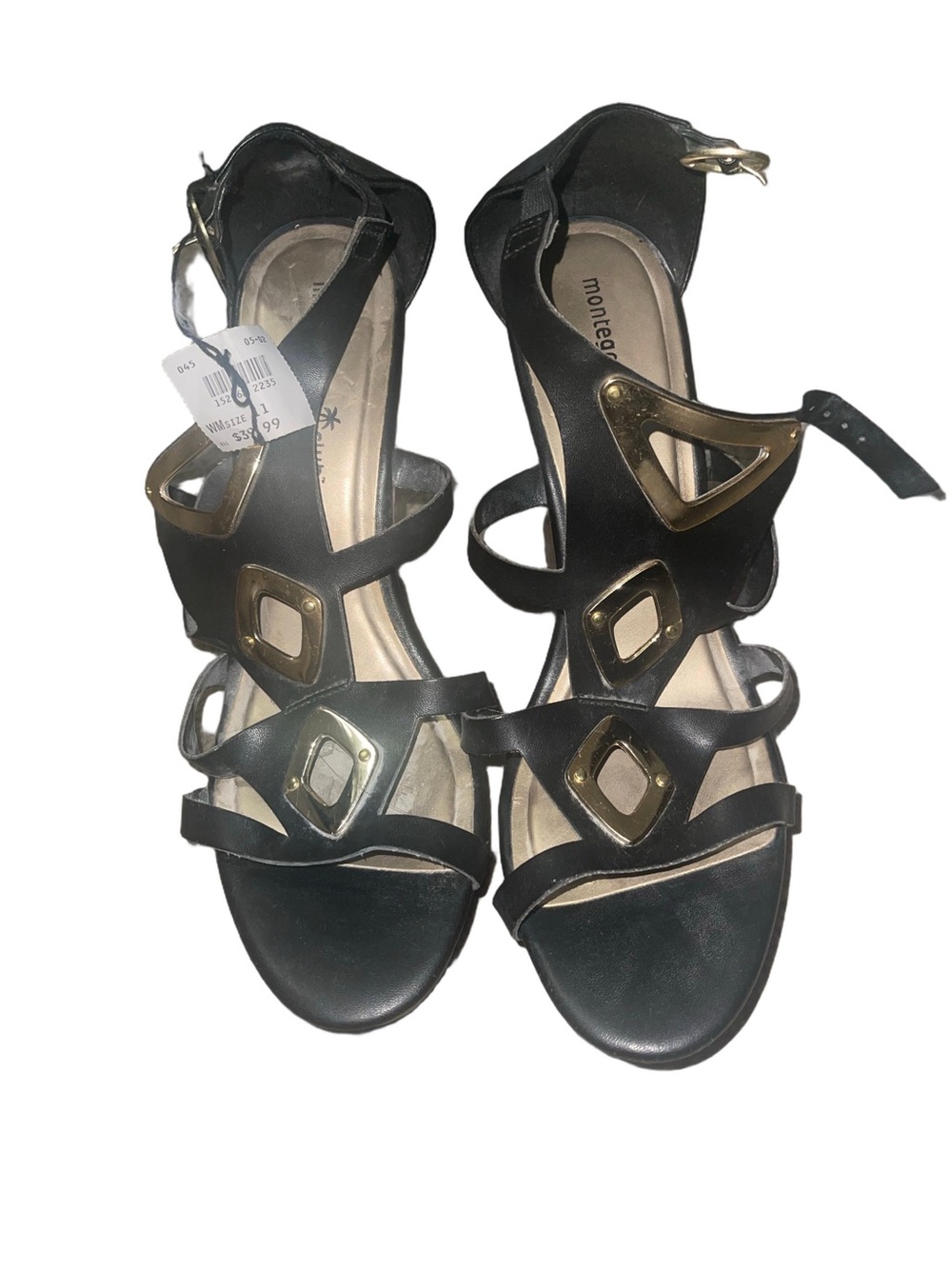 Black Strappy Wedge with Gold Accents